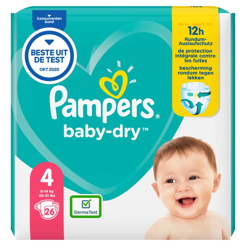 Pampers Baby-Dry Maat 4, 26 Tot 12 Uur Bescherming, 9-14kg