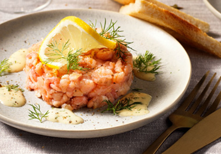 Tartaar van gerookte zalm en Hollandse garnalen