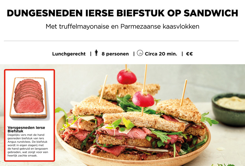 Dungesneden Ierse biefstuk op sandwich